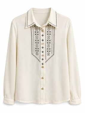 Vintage Koret Petites Embroidered Button-Down Blouse Ivory Size 6